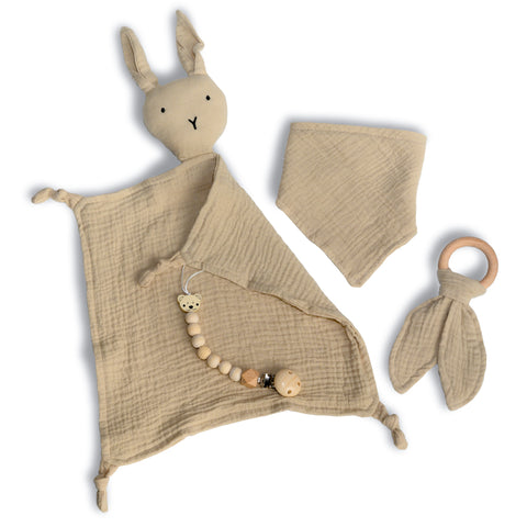 dovanų rinkinys kūdikiui mikdukas zuikis žaislas čiulptuko laikiklis