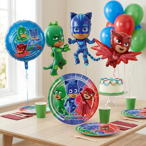 Pižamų herojų (PJ Masks) gimtadienio stalas su teminėmis lėkštutėmis, herojų foliniais balionais ir tortu.