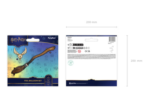 Du foliniai balionai su šluota ir auksiniu šmaukštu Hogvartso vakarėliui