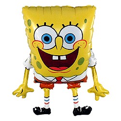 Geltonas folinis balionas „Kempiniukas SpongeBob“ su mėlynomis akimis, plačia atvira šypsena, rankomis ir kojomis.