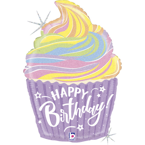 stelinis keksiuko formos Grabo folinis balionas „Happy Birthday“, 69 cm, su alyviniu pagrindu ir įvairiaspalviu kremu