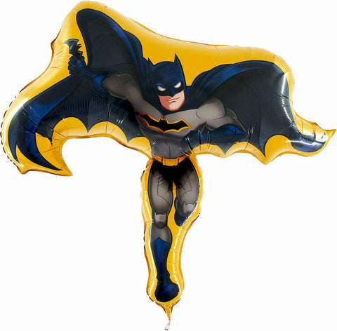 Folinis balionas „Betmenas Batman“ su išskleistu tamsiu apsiaustu, pilku kostiumu ir geltonu apvadu.