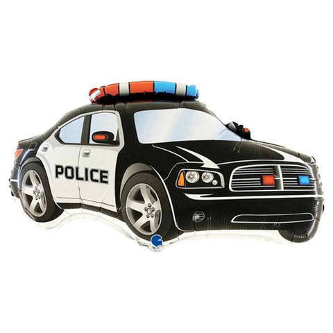 pJuodai baltas policijos automobilio formos folinis balionas su užrašu „POLICE“ ir raudonais bei mėlynais švyturėliais, apie 71 cm.