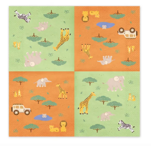 Safari servetėlės 33 x 33 cm žalios ir oranžinės spalvos su safari gyvūnų motyvais